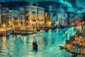 night, Canal, Lights, House, Venice, Art, Gondola, Italy, Painting