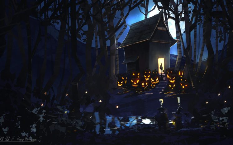 night, Forest, Pumpkin, House, Happy, Halloween, Evil, Art, Moon HD Wallpaper Desktop Background