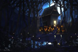 night, Forest, Pumpkin, House, Happy, Halloween, Evil, Art, Moon