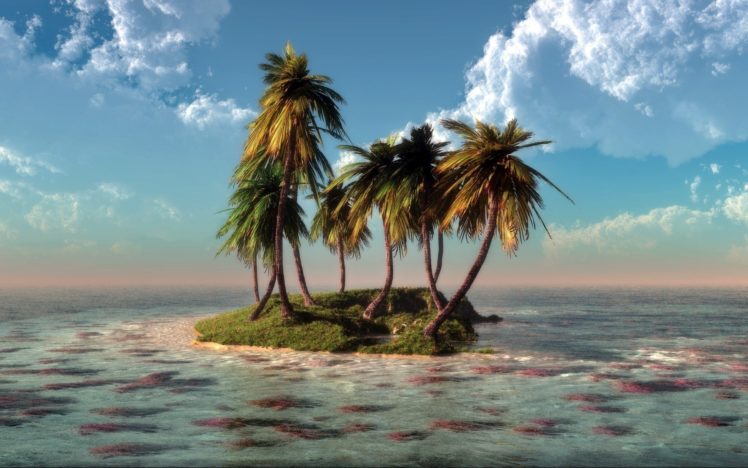 sea, Island, Klontak, Water, Trees, Art, Clouds, Nature HD Wallpaper Desktop Background