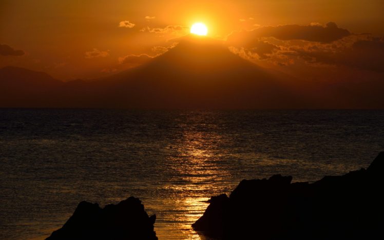 rock, Mountain, Sun, Fuji, Lake, Sunset HD Wallpaper Desktop Background