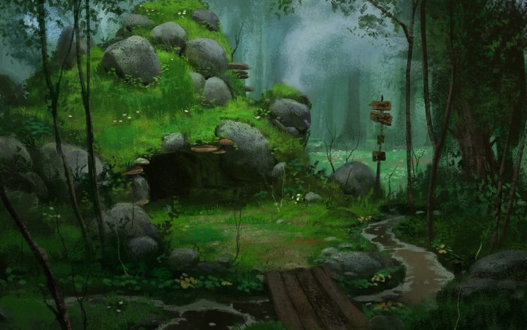 pointer, Art, Wood, Rocks, Bridge, Den, Cave, River HD Wallpaper Desktop Background