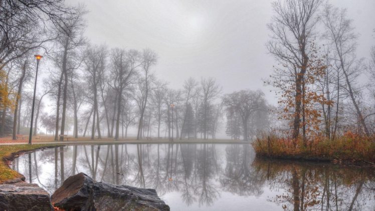 pond, Foggy, Autumn, Day, Benc HD Wallpaper Desktop Background