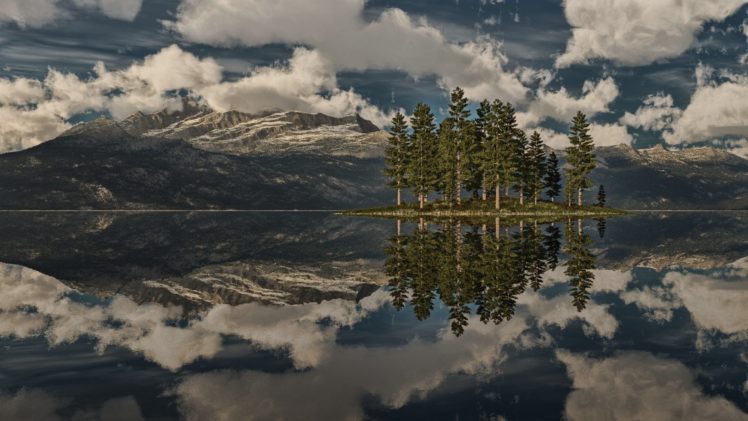 rocks, Mountains, Trees, Lake, Pine, Island, Reflection, Art HD Wallpaper Desktop Background