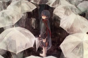 rain, People, Art, Vocaloid, Umbrellas, Cat, Hatsune, Miku, Cat, Umbrella