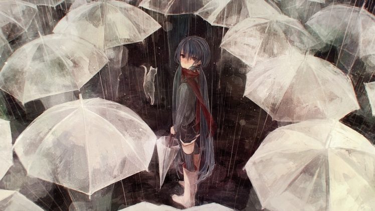 rain, People, Art, Vocaloid, Umbrellas, Cat, Hatsune, Miku, Cat, Umbrella HD Wallpaper Desktop Background