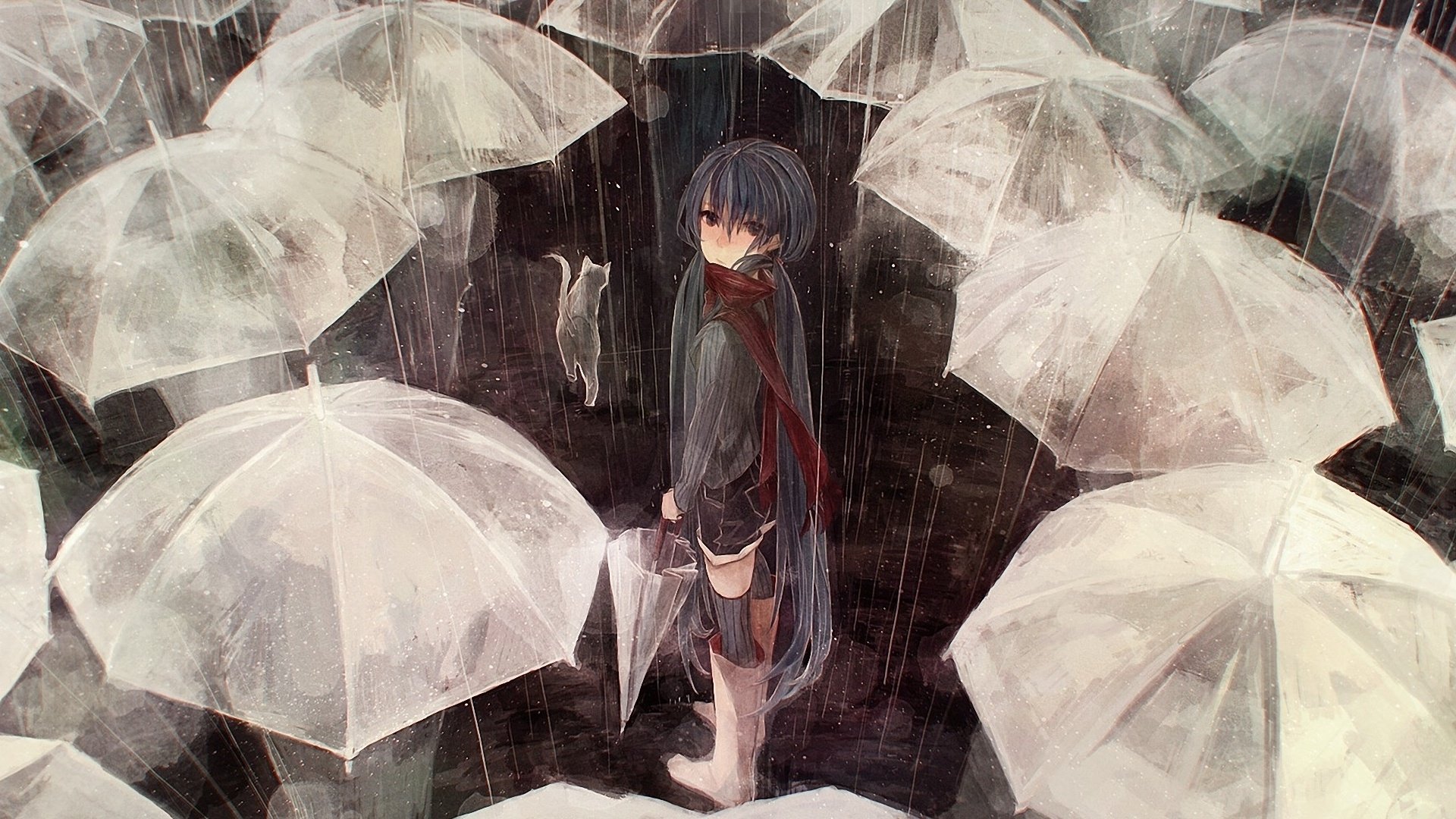 rain, People, Art, Vocaloid, Umbrellas, Cat, Hatsune, Miku, Cat, Umbrella Wallpaper