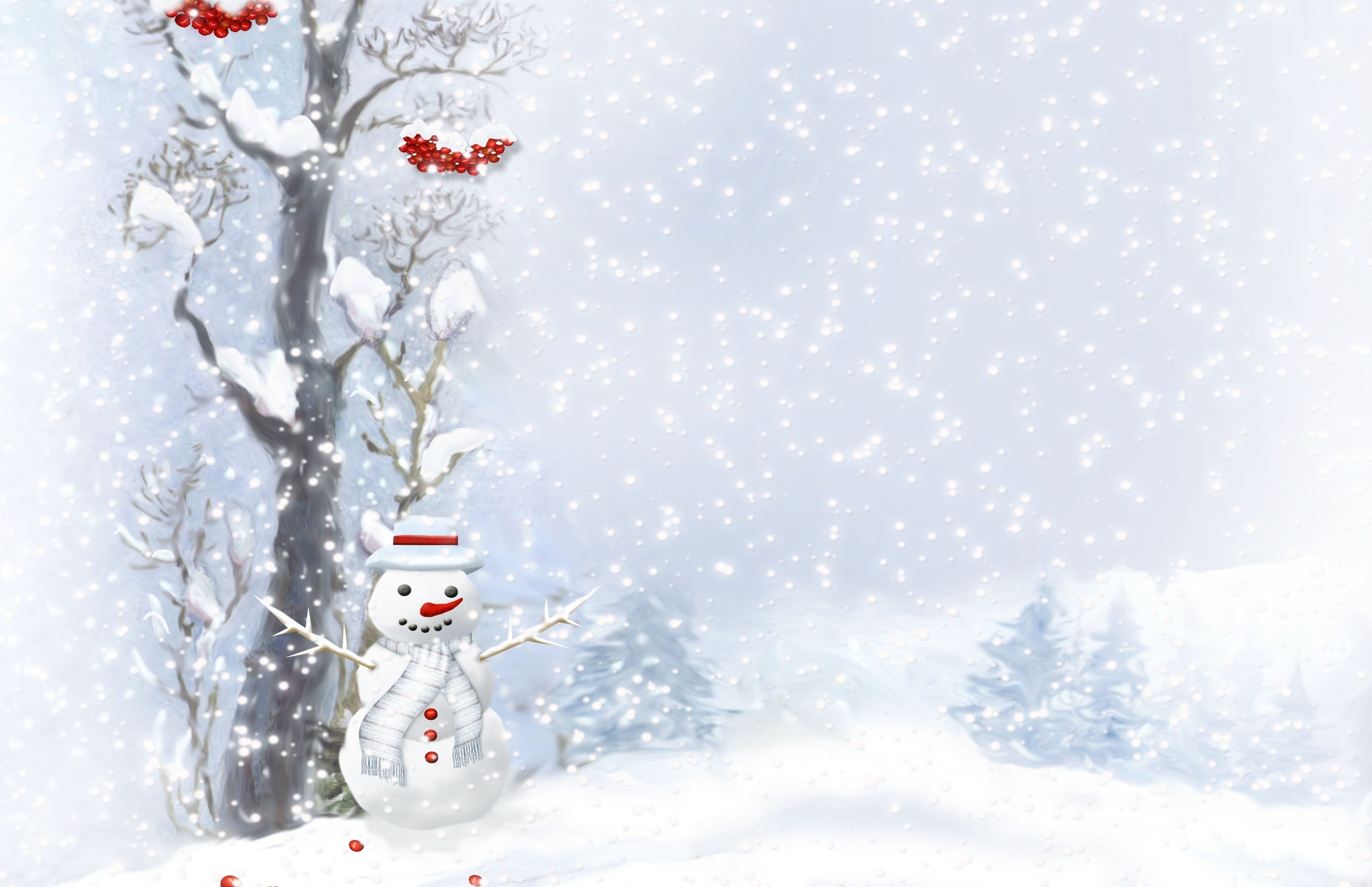 snowman, Scarf, Buttons, Wood, Berries, Trees, Snow Wallpaper