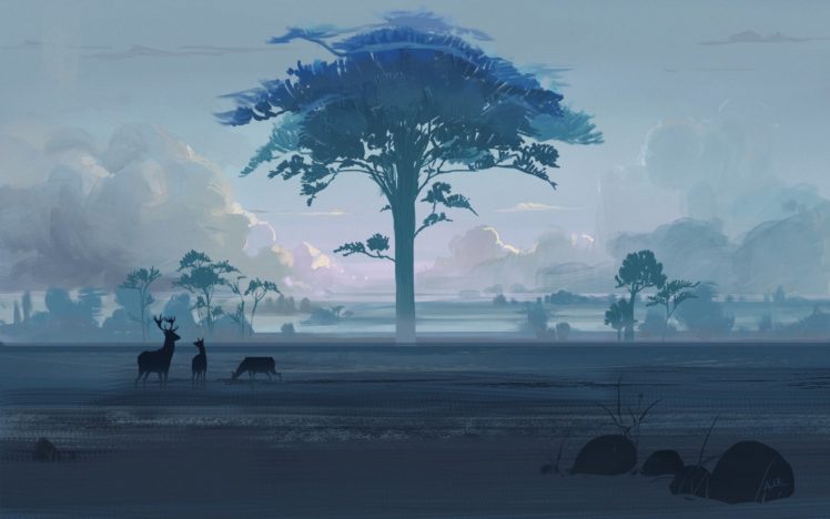 stones, Animals, Clouds, Deer, Wood, Art HD Wallpaper Desktop Background