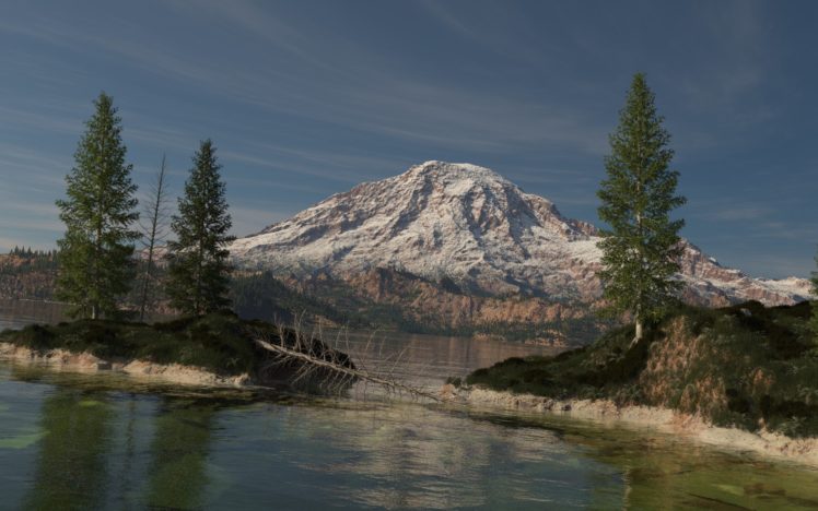 trees, Snow, Mountain, Forest, Spruce, Lake, Art, Tree, Island HD Wallpaper Desktop Background