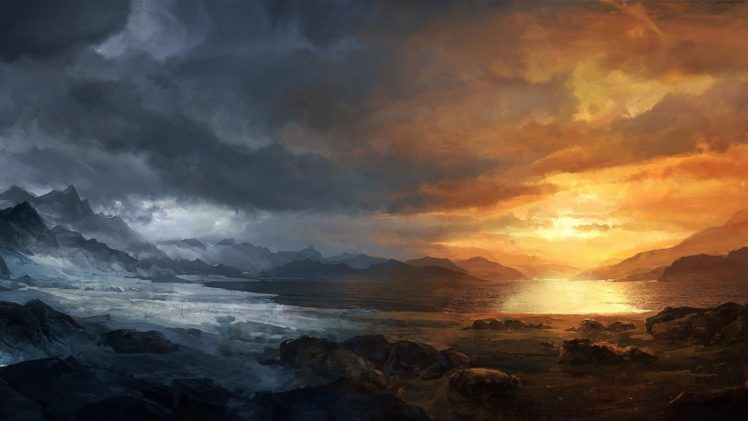 stones, Sunset, Lake, Art, Seasons, Cold, Mountains, Clouds, Snow HD Wallpaper Desktop Background