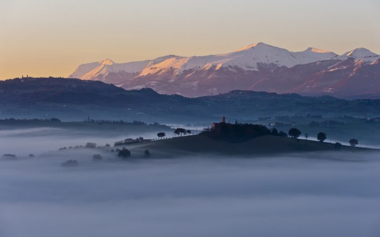 trees, Hills, Mountains, Morning, Regnano, Italia, Housing, Fog HD Wallpaper Desktop Background