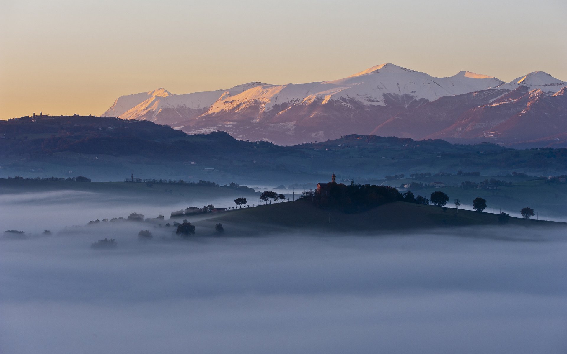 trees, Hills, Mountains, Morning, Regnano, Italia, Housing, Fog Wallpaper