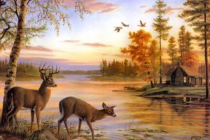 art, Oil, Painting, Drawing, Forest, Lake, Shore, Deer, Cottage