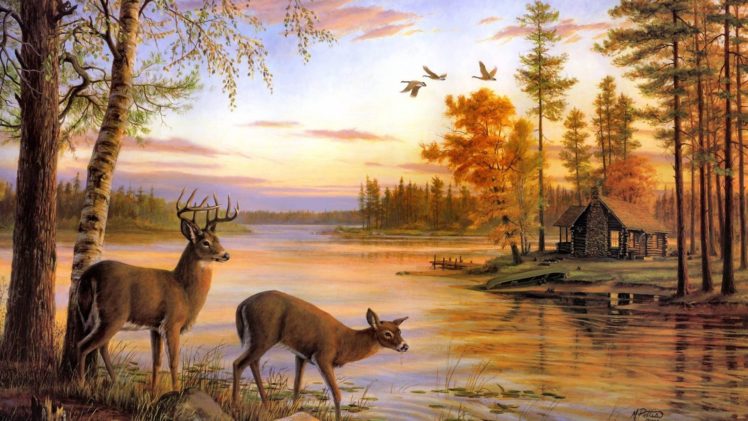 art, Oil, Painting, Drawing, Forest, Lake, Shore, Deer, Cottage HD Wallpaper Desktop Background
