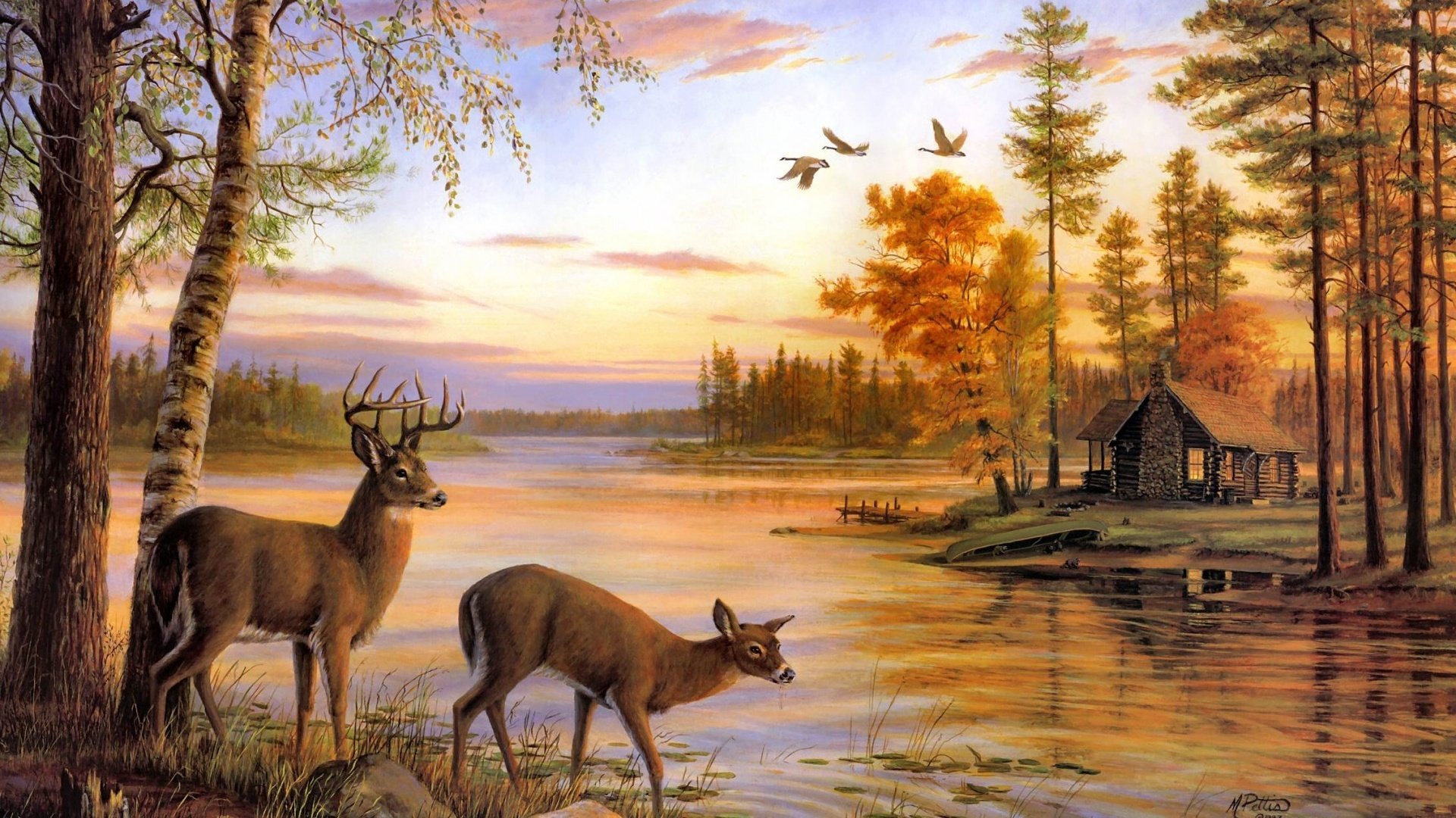 art, Oil, Painting, Drawing, Forest, Lake, Shore, Deer, Cottage Wallpaper