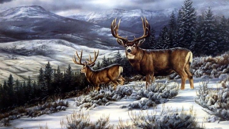 art, Oil, Painting, Drawing, Dark, Forest, Deer, Snowy, Hill HD Wallpaper Desktop Background