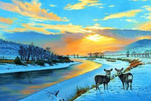 art, Oil, Painting, Drawing, Deer, Snowy, Sunset, Yellow, Stone