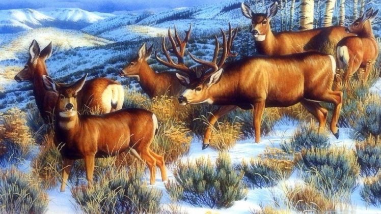 art, Oil, Painting, Drawing, Nice, Winter, Forest, Pretty, Deer HD Wallpaper Desktop Background