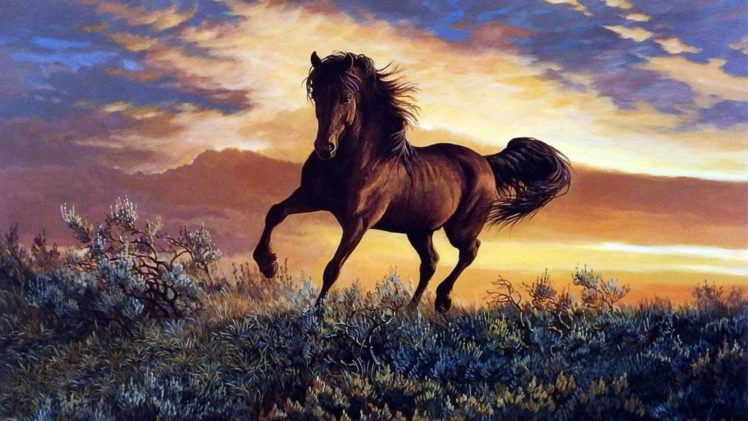 art, Oil, Painting, Drawing, Pretty, Brown, Horse, Wilderness HD Wallpaper Desktop Background