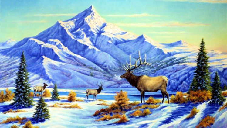 art, Oil, Painting, Drawing, Snowy, Peak, River, Deer, Trees HD Wallpaper Desktop Background
