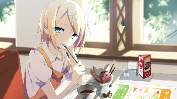 blondes, Vocaloid, Indoors, Blue, Eyes, Food, Ice, Cream, Window, Kagamine,  Rin, Short, Hair, Restaurant, Pocky, Drinks, Anime, Girls, Hair, Ornaments  Wallpapers HD / Desktop and Mobile Backgrounds