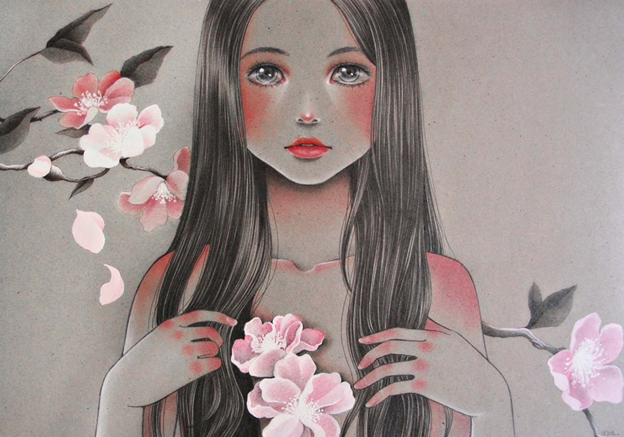 textures, Girl, With, Flowers Wallpaper