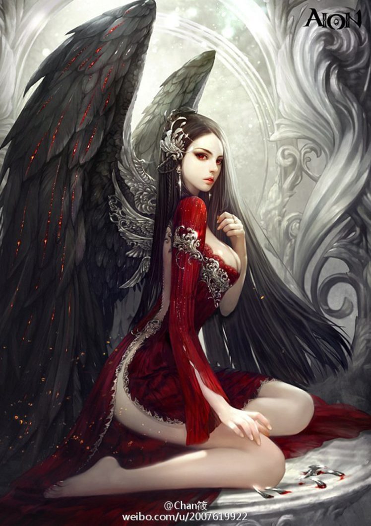 fantasy, Girl, Angel, Red, Dress, Beauty, Long, Hai HD Wallpaper Desktop Background