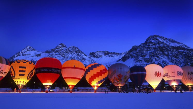 balloon, Hot, Air, Balloons, Evening, Landscape, Mountains, Snow, Lights, Nature HD Wallpaper Desktop Background