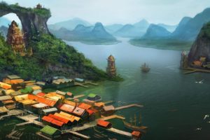 digital, Art, Fantasy, Art, Architecture, Building, House, Artwork, Painting, Rooftops, Village, Asian, Architecture, Lake, Mountains, Birds, Pier, Tower, Ship, Nature, Trees