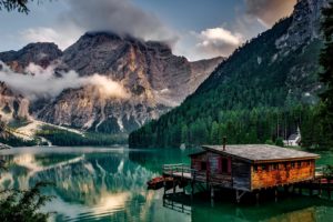 lake, Mountains, Landscape, Building, Italy, Clouds, Boat, House