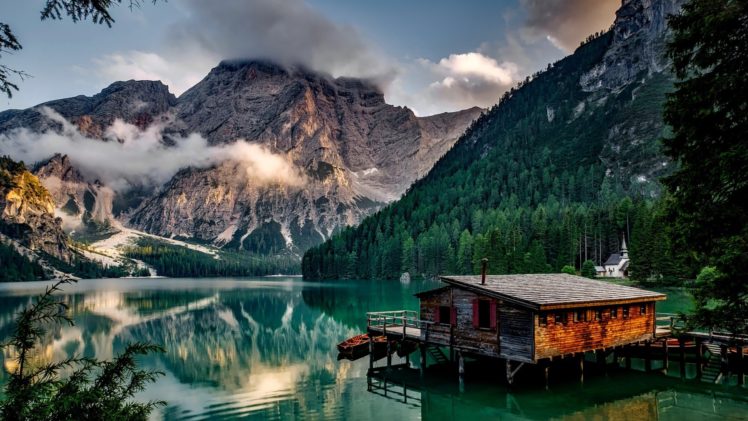 lake, Mountains, Landscape, Building, Italy, Clouds, Boat, House HD Wallpaper Desktop Background
