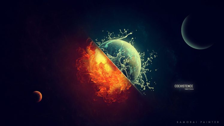 fire, Water, Digital, Art, Space, Universe, Planet, Sun, Moon, Earth HD Wallpaper Desktop Background