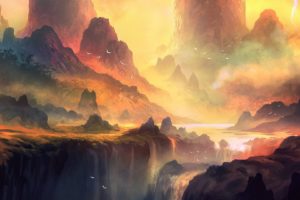 artwork, Fantasy, Art, Water, Fall, Mountains, Landscape, Forest, Colorful, Sunlight