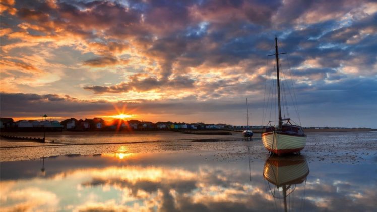 boat, Sunset, Low, Tide HD Wallpaper Desktop Background