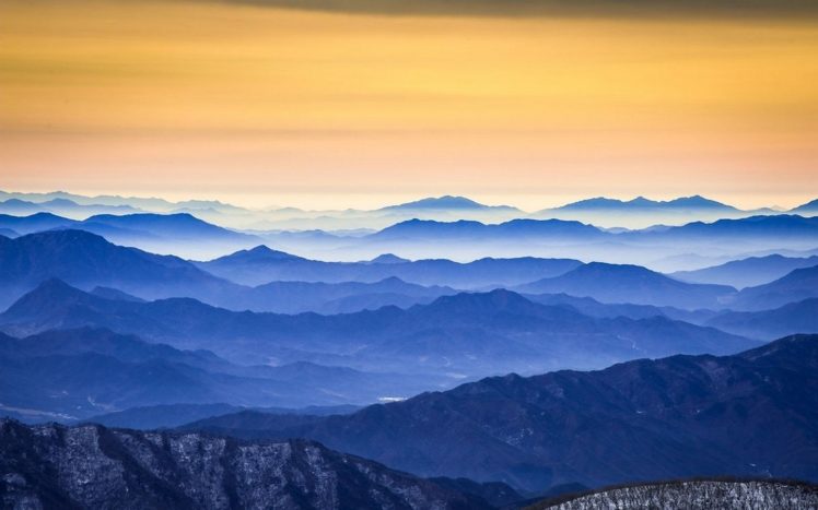 nature, Photography, Landscape, Mountains, Sunrise, Mist, Yellow, Sky, South, Korea HD Wallpaper Desktop Background