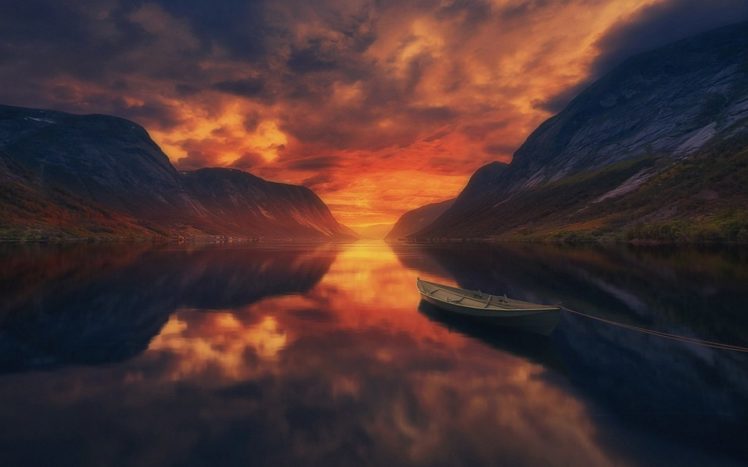 summer, Sunset, Lake, Mountains, Boat, Water, Reflection, Landscape, Norway, Nature, Sky, Clouds HD Wallpaper Desktop Background