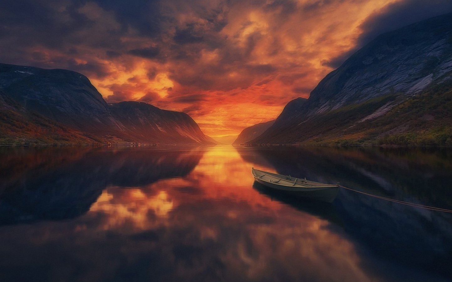 summer, Sunset, Lake, Mountains, Boat, Water, Reflection, Landscape, Norway, Nature, Sky, Clouds Wallpaper