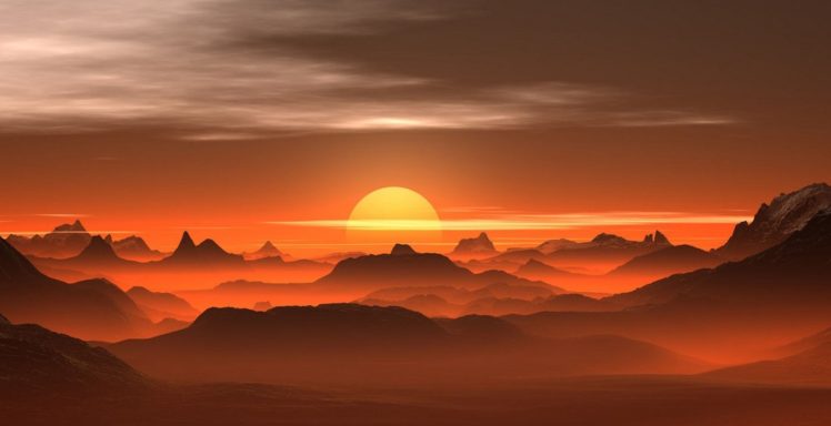 photography, Nature, Landscape, Mountains, Sunset, Mist, Amber, Desert HD Wallpaper Desktop Background