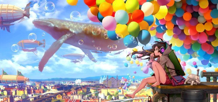 anime, Girls, Aircraft, Barefoot, Bubbles, Cat, City, Clouds HD Wallpaper Desktop Background