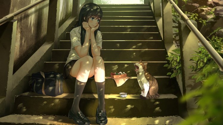 anime, Girls, Cat, Food, Stairs, Long, Hair HD Wallpaper Desktop Background