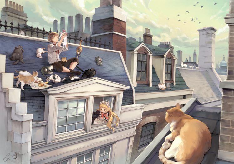 anime, Architecture, Rooftops, Cat HD Wallpaper Desktop Background
