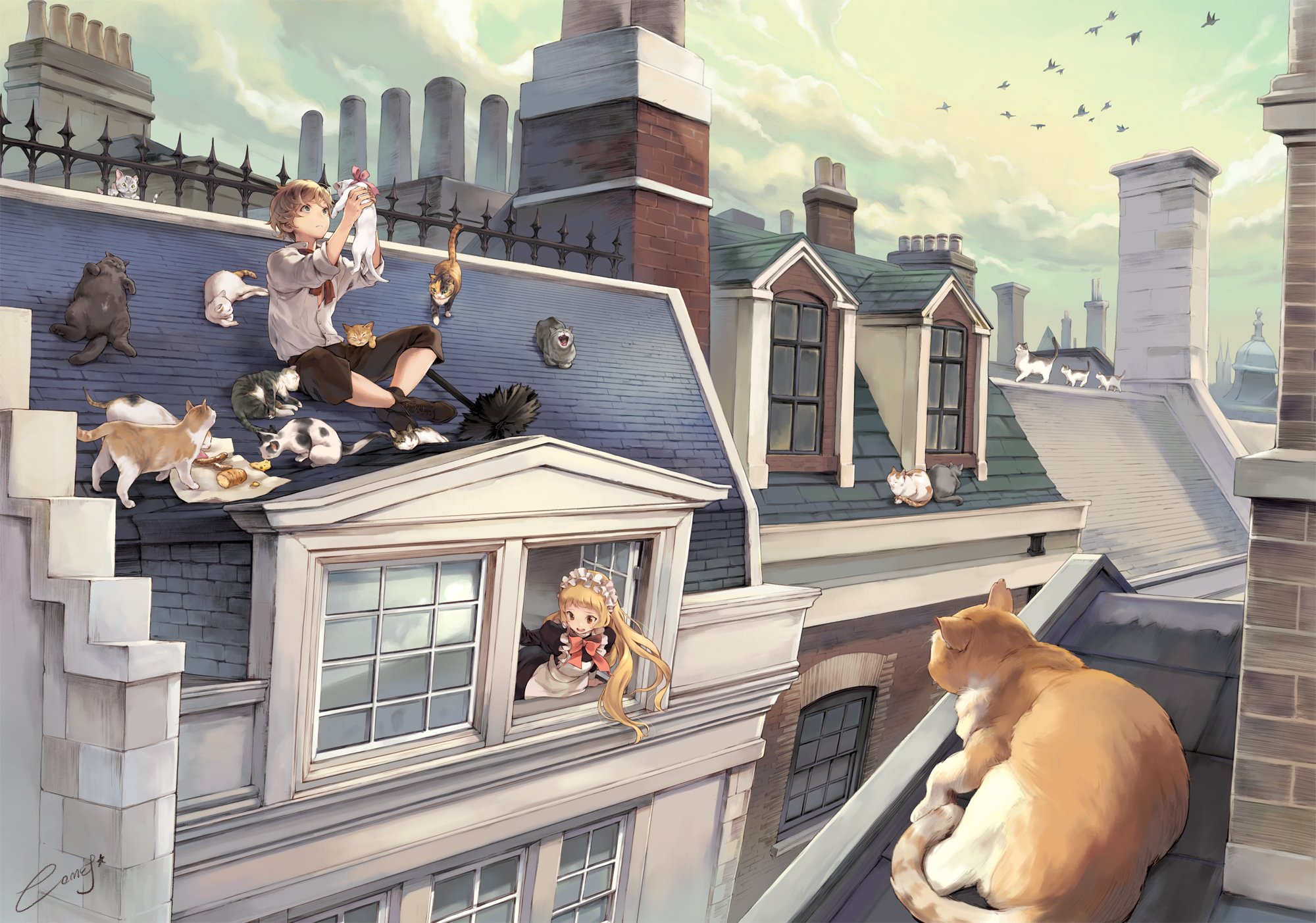 anime, Architecture, Rooftops, Cat Wallpaper