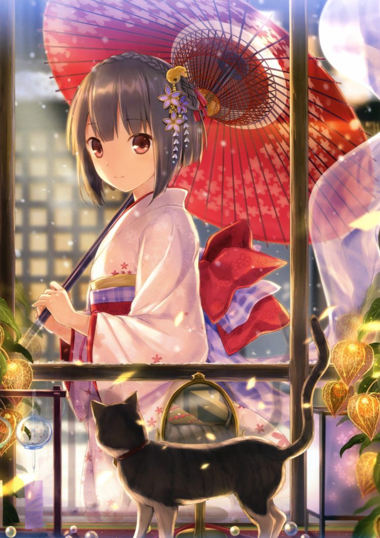 cat, Kimono, Traditional, Clothing, Anime, Girls, Original, Characters HD Wallpaper Desktop Background