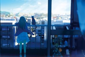 city, Anime, Girls, Original, Characters, Cat, Window, Balcony, Sky, Anime