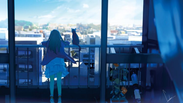 city, Anime, Girls, Original, Characters, Cat, Window, Balcony, Sky, Anime HD Wallpaper Desktop Background