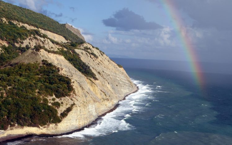 sky, Landscape, Rainbows, Cliff, Sea HD Wallpaper Desktop Background