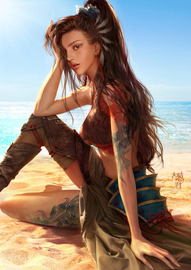 , Original, Characters, Fantasy, Girl, Beach, Long, Hair, Tattoo HD Wallpaper Desktop Background