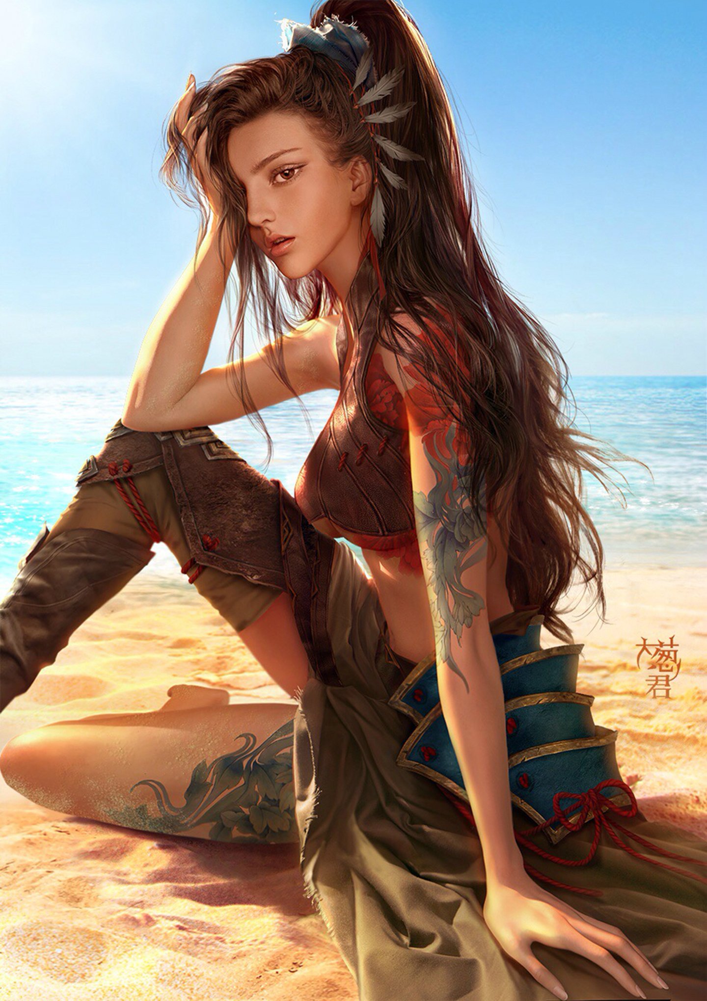 , Original, Characters, Fantasy, Girl, Beach, Long, Hair, Tattoo Wallpaper