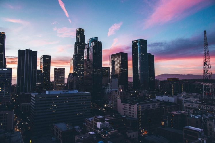 cityscape, Los, Angeles, Skyscraper, Silhouette, Mountains, Clouds, Sunset HD Wallpaper Desktop Background